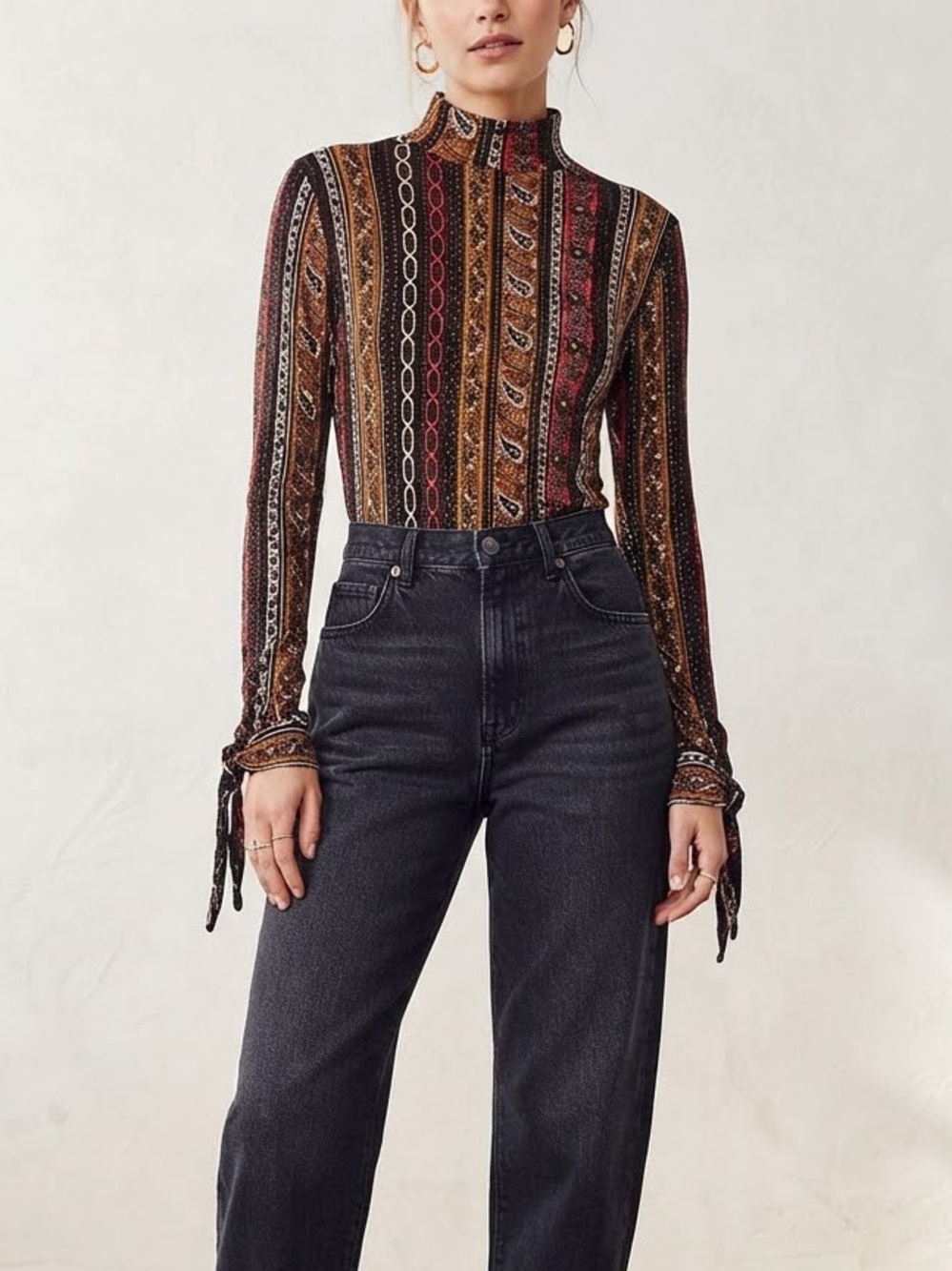 Free People Donatella Boho Paisley Turtleneck Top Sz L Long Sleeve Tie Cuffs